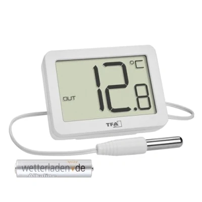 Afbeelding van TFA Dostmann 30.1066.01 Digitale binnen en buitenthermometer met waterdichte temperatuursensor, maximale minimale waarden, magneet/houder, zwart (wit batterij)