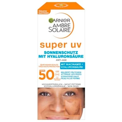 Image de Garnier Crème Solaire anti âge SPF 50 Protection à l&#039;acide hyaluronique et la vitamine B contre les rides sécheresse Ambre 1 x ml