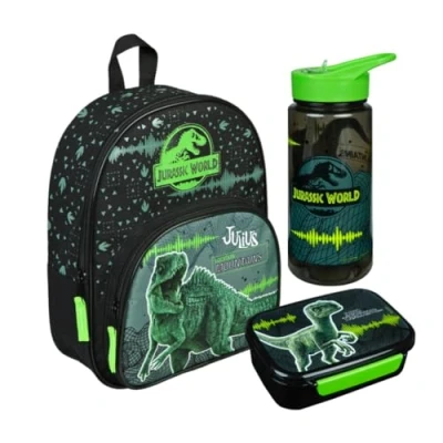 Afbeelding van Undercover Kleuterschool rugzak dinosaurus T Rex gepersonaliseerd met naam kinderrugzak voorvak 2 vakken 25 x 31 10 cm, Set 1: groene