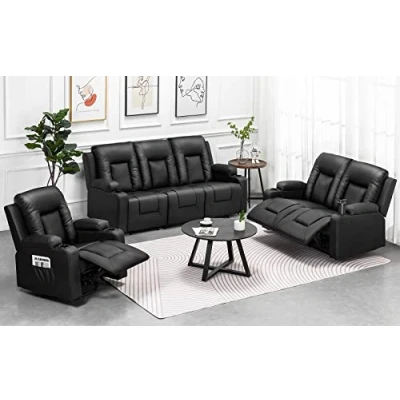Afbeelding van COMHOMA Relaxstoel, massage, verwarming, draaistoel, kantelbaar, voor woonkamer, van leer, zwart, 3 + 2 1