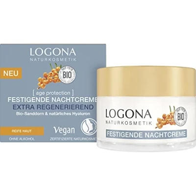 Afbeelding van LOGONA Naturkosmetik Anti aging nachtcrème, regenererende gezichtsverzorging met veganistische formule, biologische duindoorn en hyaluronzuur, 50 ml