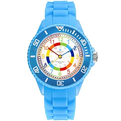 Afbeelding van Alienwork Kinderhorloge van leer, uurwerk voor jongens en meisjes om te leren klokkijken, waterdicht 5 ATM