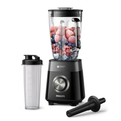 Afbeelding van Philips Blender Series 5000 vermogen 1200 W, glazen kom, totale capaciteit van 2 l, 3 snelheden + pulse, incl. drinkfles voor mixen en meenemen, eenvoudige reiniging, zwart (HR3031/00)