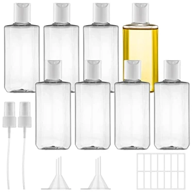 Afbeelding van 8 x 100 ml reisflessen van transparant kunststof met sproeier, trechter en etiket voor vliegreizen, shampoo, conditioner, lotion (100 ml)