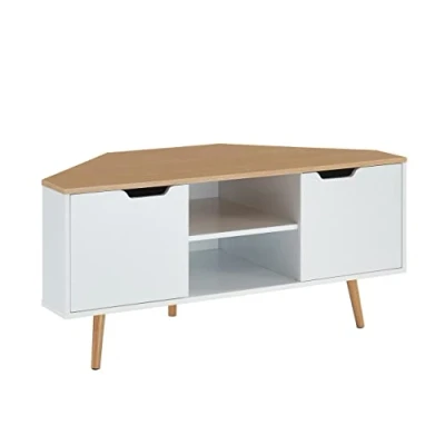 Afbeelding van Intermas TV hoekkast decor wit en eiken industriële stijl L 115 x D 55 H 53,5 cm LYNA