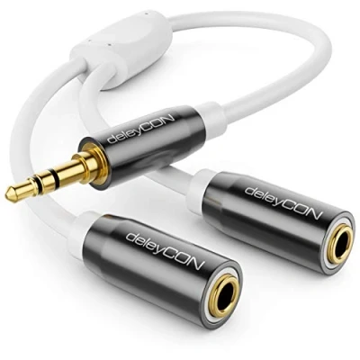 Afbeelding van deleyCON 0,2 m audiojack Y splitter kabel AUX jack 3,5 mm naar 2 x stereo adapterkabel wit