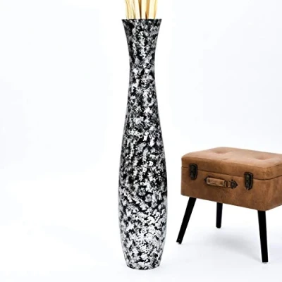 Afbeelding van Leewadee Grote vaas om op de grond neer te zetten voor decoratieve pampatakken, van mangohout, 110 cm, Argentijns zwart