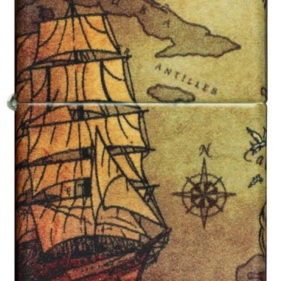 Afbeelding van Zippo® Pirate Ship Design 49355 aansteker, winddicht, navulbaar, Zippo, gemaakt van metaal met &quot;klik&quot; functie, vintage kaartkleur, in de VS, geweldig cadeau idee
