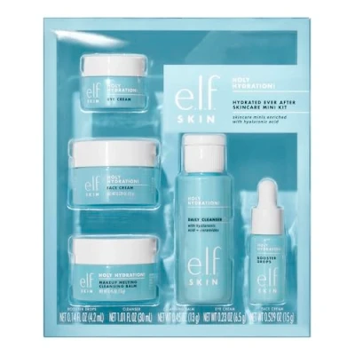 Afbeelding van e.l.f. SKIN Hydrated Ever After Mini huidverzorgingsset, reinigingsmiddel, make upremover, vochtinbrengende crème en oogcrème om de huid te hydrateren, vliegtuigvriendelijke maten