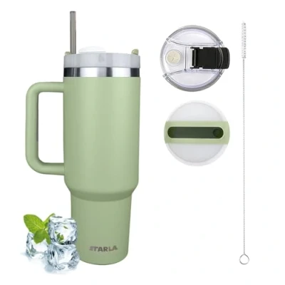 Afbeelding van STARLA Thermosbeker met rietje en handvat, 1,2 liter, 2 deksels, lekvrij, roestvrij staal, drinkbeker laurierblad