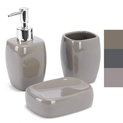 Afbeelding van MSV 3 delige badkameraccessoireset keramiek zeepdispenser, zeepbakje, beker taupe