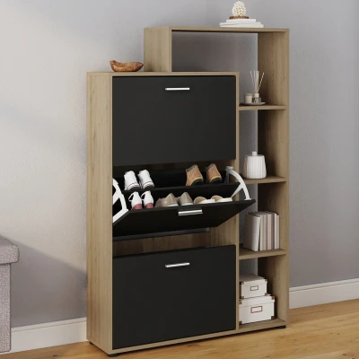 Afbeelding van Meuble à chaussures KLARK imitation hêtre 3 portes noires avec étagère