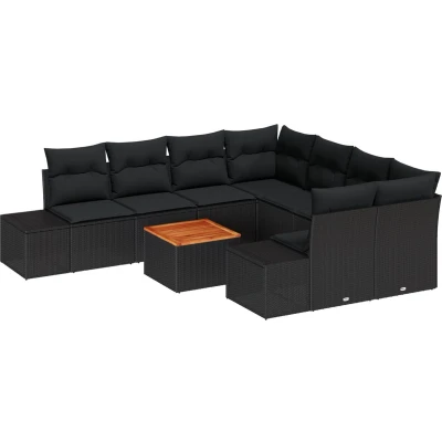 Afbeelding van vidaXL 9 delige Tuinbankenset met Kussens Zwart Poly Rattan Acacia