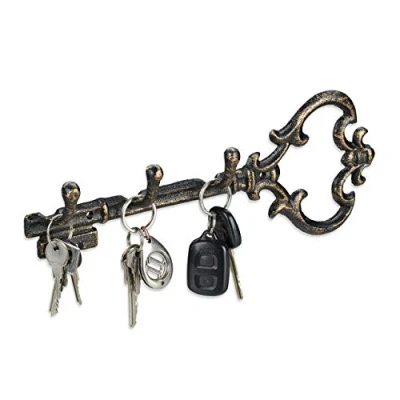 Afbeelding van Relaxdays sleutelrekje vintage sleutel organizer sleutelvorm sleutelrek 3 haken bronzen