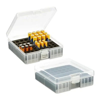 Afbeelding van Relaxdays Batterijhouder voor 60 AA en AAA batterijen, 5,5 x 15 15,5 cm (h b d), transparant/zwart, 2 stuks