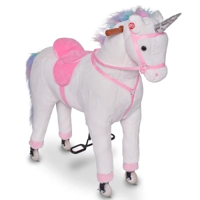 Afbeelding van Pink Papaya XXL Rijpaard op Wielen, 90 cm Speelpaard, Rijdend Hobbelpaard, Speelgoed Pluchen Paard om te Zitten met Geluiden