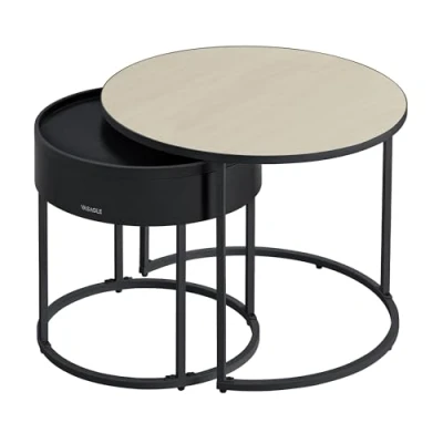 Afbeelding van VASAGLE LCT044K67 Set van 2 ronde salontafels in moderne stijl met verborgen opbergruimte en bovenste plank voor woonkamer, slaapkamer, balkon, natuurlijk beige inktzwart