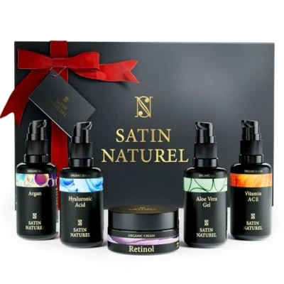 Afbeelding van Satin Naturel Geschenkset voor Vrouwen Skincare set met hyaluronzuur serum + arganolie aloë vera gel vitamine C hydraterende gezichtscrème, Anti Aging Verwenpakket haar, van 5x30ml
