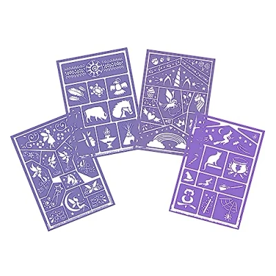 Afbeelding van GRIM&#039;TOUT Set van 4 herbruikbare make upsjablonen voor feest, verjaardag, Halloween, gezicht en lichaam (magie, pony eenhoorn, fee, Indiaas)