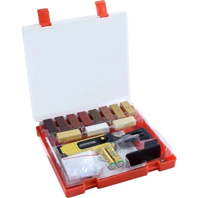 Afbeelding van Werkzeyt Houtreparatieset 17 delig 11 verschillende tinten incl. wassmelter, schaaf &amp; schuurspons geschikt voor houten oppervlakken van alle soorten/reparatieset parket laminaat / B27691