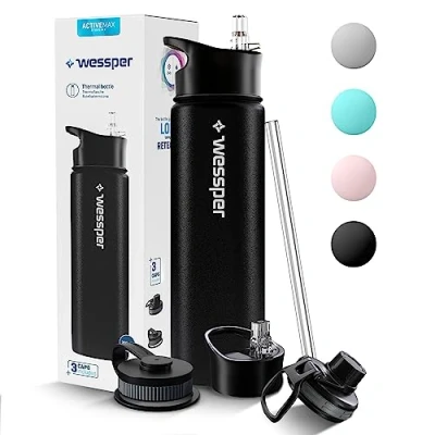 Afbeelding van Wessper Thermische drinkfles van roestvrij staal, 700 ml, lekvrij, thermosfles, BPA vrij, met 3 deksels, zwarte elegante sportfles, thermosfles voor kinderen, volwassenen, camping