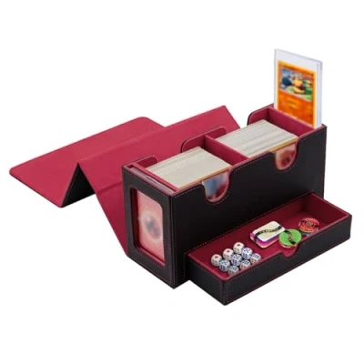 Afbeelding van Tolesum Dubbellaagse kaartenbox voor MTG, met dobbelsteenlade, 2 zijvensters, magnetische deckbox 300+ kaarten om TCG te bestellen, verzamelkaarten, zwart/rood