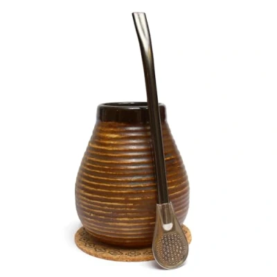 Afbeelding van Mate Green Yerba maté Set ● Keramische mattemok 350 ml Bombilla roestvrijstalen rietje Handgemaakte kalebas mok Kurkstempel
