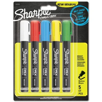 Image de SHARPIE CHALK Stylos marqueurs craie effaçables à l&#039;eau pointe medium Couleurs vives et opaques lot de 5