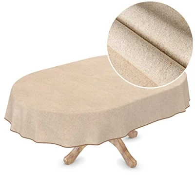 Afbeelding van ANRO Perfect gecoat Textiel Tafelkleed Aan beide zijden herbruikbaar Ovaal 180 x 140 cm Effen beige linnenlook Duurzaam