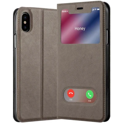 Afbeelding van Cadorabo Hoesje geschikt voor Apple iPhone XS MAX in STEEN BRUIN Beschermhoes met magnetische sluiting, standfunctie en 2 kijkvensters Book Case Cover Etui