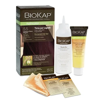 Afbeelding van BIOKAP Nutricolor Delicato, haarkleur zonder ammoniak, maakt het haar zacht en glanzend, haarkleuring met natuurlijke kleuren, 140 ml (5,5 lichtbruin mahonie)