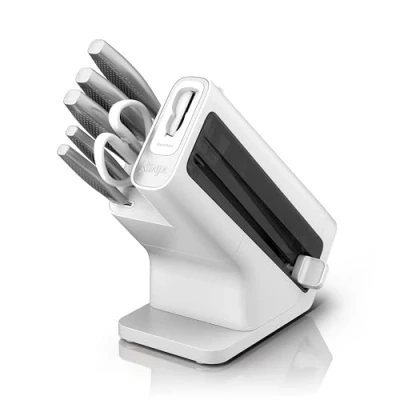 Afbeelding van Ninja StaySharp K62006EUWH 6 delige roestvrijstalen messenset met geïntegreerde messenslijper, keukenschaar en koksmessen, om te snijden, brood, voor alle doeleinden office, wit