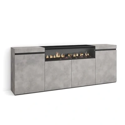 Afbeelding van Skraut Home Dressoir voor woonkamer en keuken opbergkast, commode 200 x 75 35 cm 4 deuren elektrische open haard moderne stijl cement