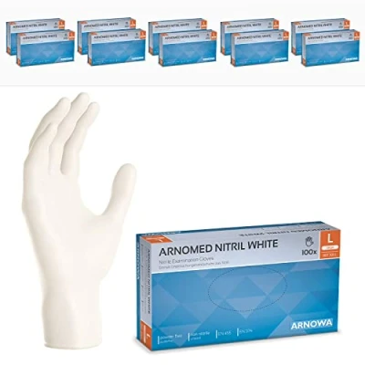 Afbeelding van ARNOMED nitril handschoenen, maat L, wit, 1000 stuks wegwerphandschoenen, poedervrij en latexvrij, wegwerphandschoenen mechanische handschoen in de
