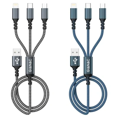 Afbeelding van Set van 2 USB 3 in 1 nylon gevlochten oplaadkabel met Lightning Micro type C aansluiting voor iPhone, Android, Samsung, Huawei, Nexus, Nokia, LG, Sony