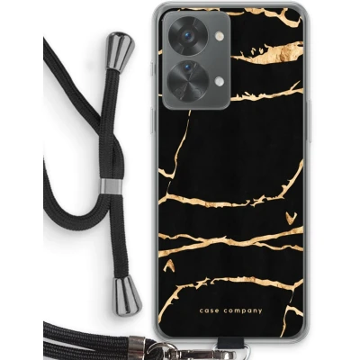 Afbeelding van Case Company® hoesje met Koord geschikt voor OnePlus Nord 2T Gouden marmer Telefoonhoesje Zwart Bescherming aan alle Kanten en Over de Schermrand