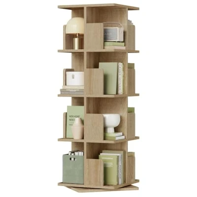 Afbeelding van EUGAD Draaibaar boekenkast, ruimteverdeler, staand rek, draairek, kantoorrek, decoratief 360 graden, vrij draaibaar, met 4 niveaus, MDF, natuur, 40 x 129 cm