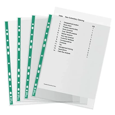 Afbeelding van Esselte 100 stuks DIN A4 perforatiemappen 34 micron dikte transparante presentatiemap met groene perforatie, ideaal voor mappen en ringmappen (100 stuks)