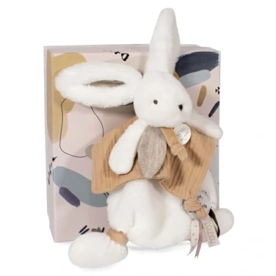 Afbeelding van Doudou et Compagnie plat knuffeldier wit en beige konijn Happy Wild geschenkdoos 25 cm cadeau idee voor meisjes jongens garantie verloren DC3740