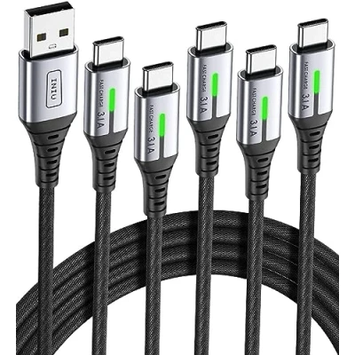 Afbeelding van INIU USB C kabel (1 + 1 2 3 m), 3,1 A, QC3.0, snel opladen, C, nylon, gevlochten voor PlayStation 5 4 controllers, Samsung S21 Ultra S20 S10 PS5, Xiaomi Huawei LG laptop