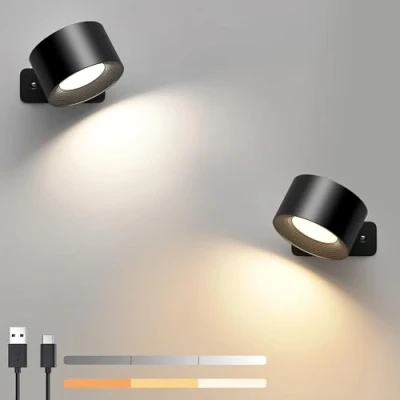 Afbeelding van Set van 2 LED wandlampen voor binnen, 3 helderheidsniveaus, kleurmodi, bedlamp, 360 graden draaibaar, woonkamer, slaapkamer, hal, draadloze (zwart)