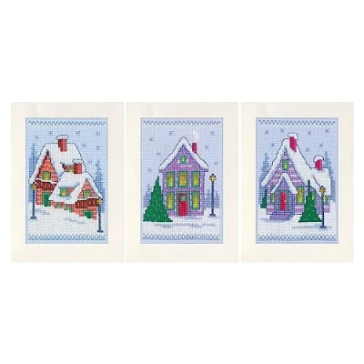 Afbeelding van Kerstkaarten Winterhuisjes borduurpakket Vervaco