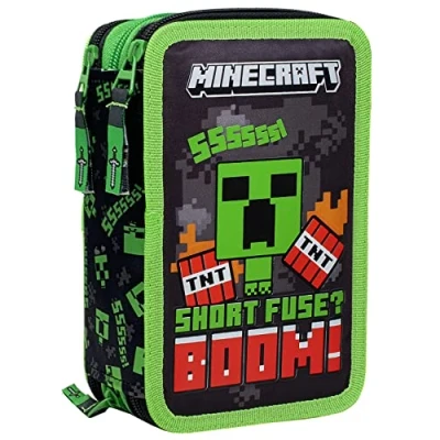 Afbeelding van Clondo Drievoudig gevuld etui, 44 schoolaccessoires, 3 ritssluitingen, 20 cm, Minecraft, pennenhouder, pennenhouder