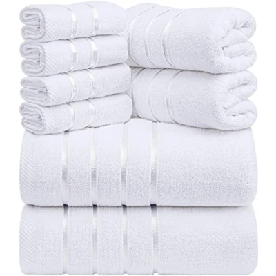 Afbeelding van Set van 8 katoenen handdoeken met viscosestrepen en hanger, 2 badhanddoeken, handdoeken, 4 washandjes (wit)