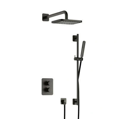 Afbeelding van Hotbath Gal Regendoucheset IBS40A Geborsteld Gunmetal PVD Staaf Handdouche 22cm Hoofddouche Wandarm met glijstang