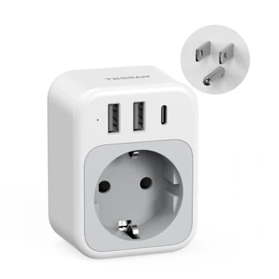 Afbeelding van TESSAN Adaptateur Prise USA, 4 en 1 Canada avec USB C et 2 A, 1875W Type B France vers Americaine Thailande Mexique Colombie, Compact Portable