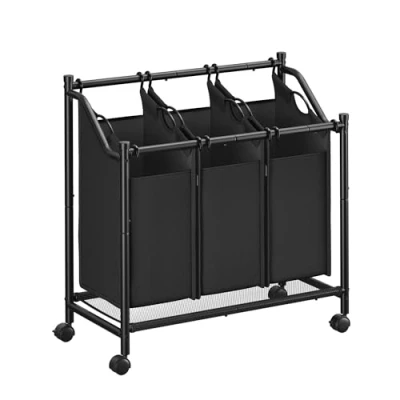 Afbeelding van SONGMICS Mobiele wasmand, vuile mand met 3 afneembare zakken, wieltjes, voor bijkeuken, slaapkamer, badkamer, x 45 l, inktzwart LSF102B01