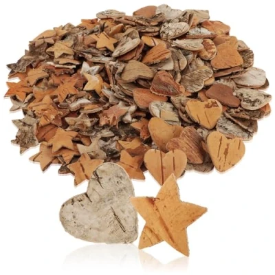 Afbeelding van COM FOUR® 200 stuks sterren en harten van berkenhout strooien decoratieset accessoires voor doe het zelfprojecten natuurlijke houten schijven