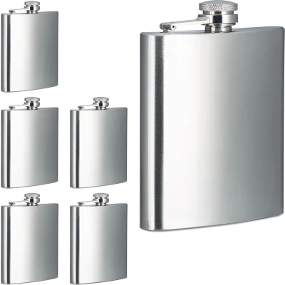 Afbeelding van Relaxdays heupfles 200 ml set van 6 rvs platvink sterke drank cadeau zakflacon