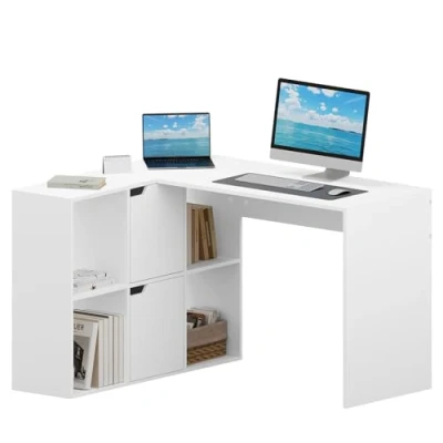 Afbeelding van eSituro 120 cm Hoekbureau met planken, computerbureau opslag, tafel, hoekbureau, L bureau, computerbureau, wit, 118 x 100